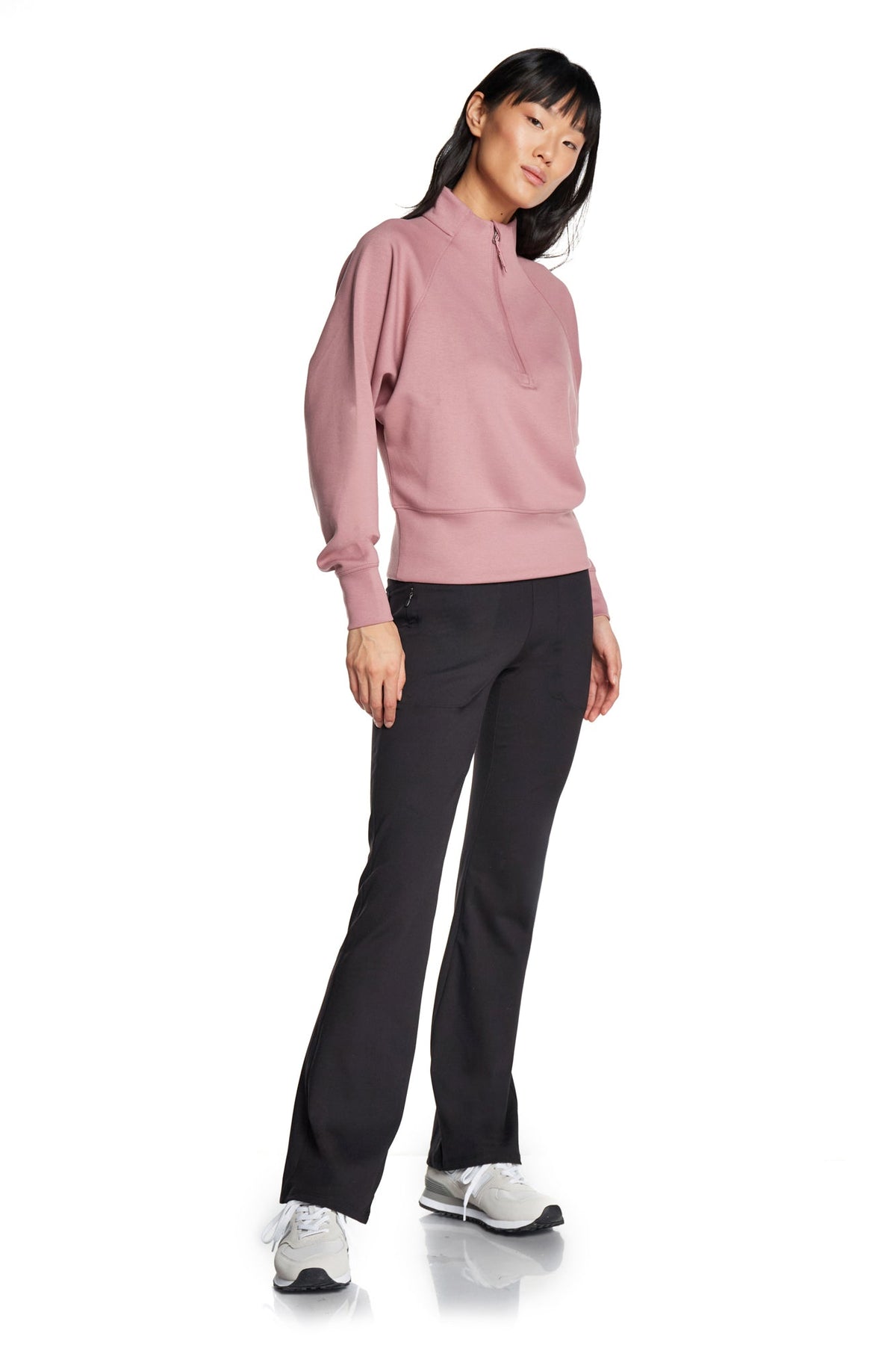Stretch Knit Mock Neck Half-Zip Long Sleeve Top