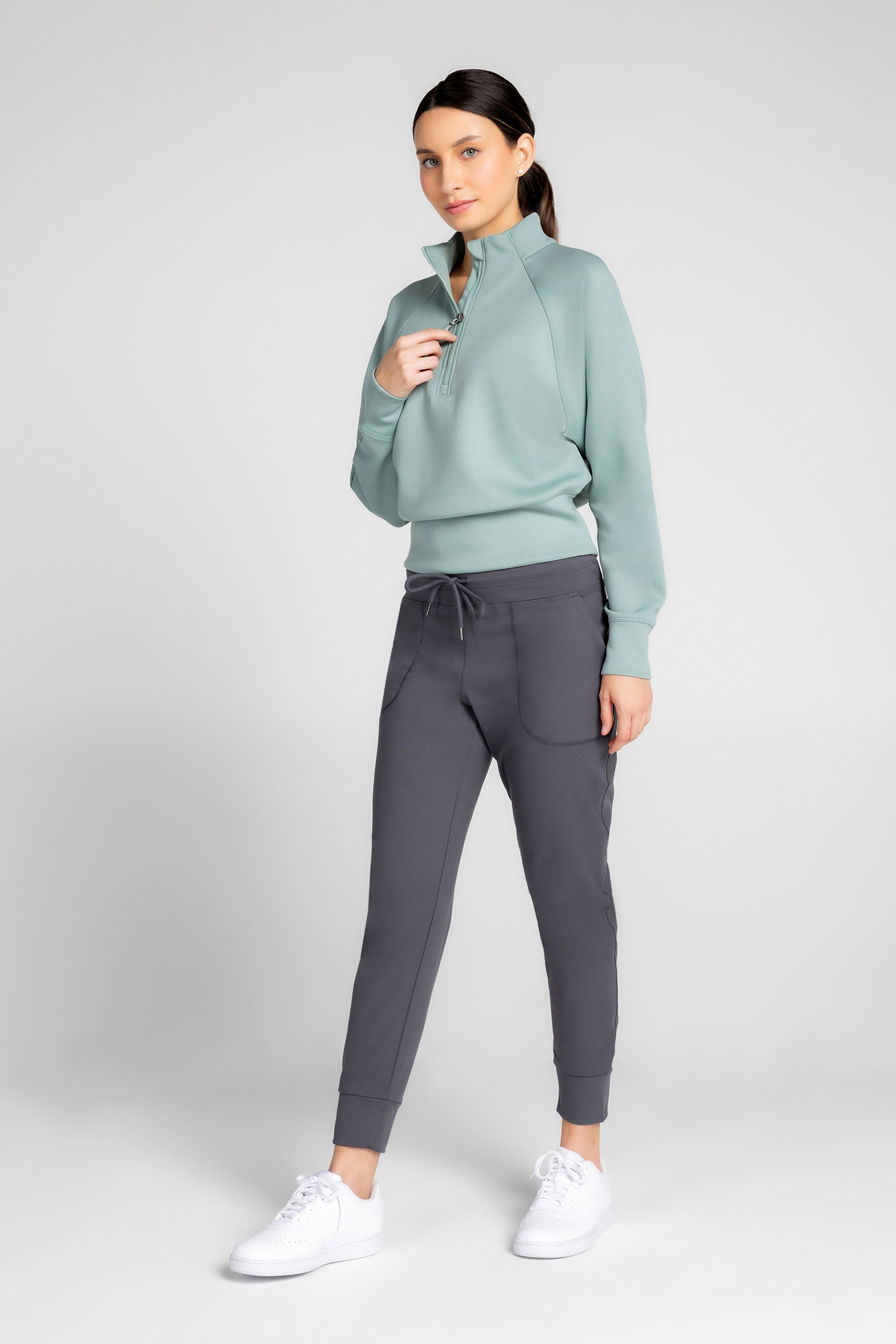 Stretch Knit Mock Neck Half-Zip Long Sleeve Top