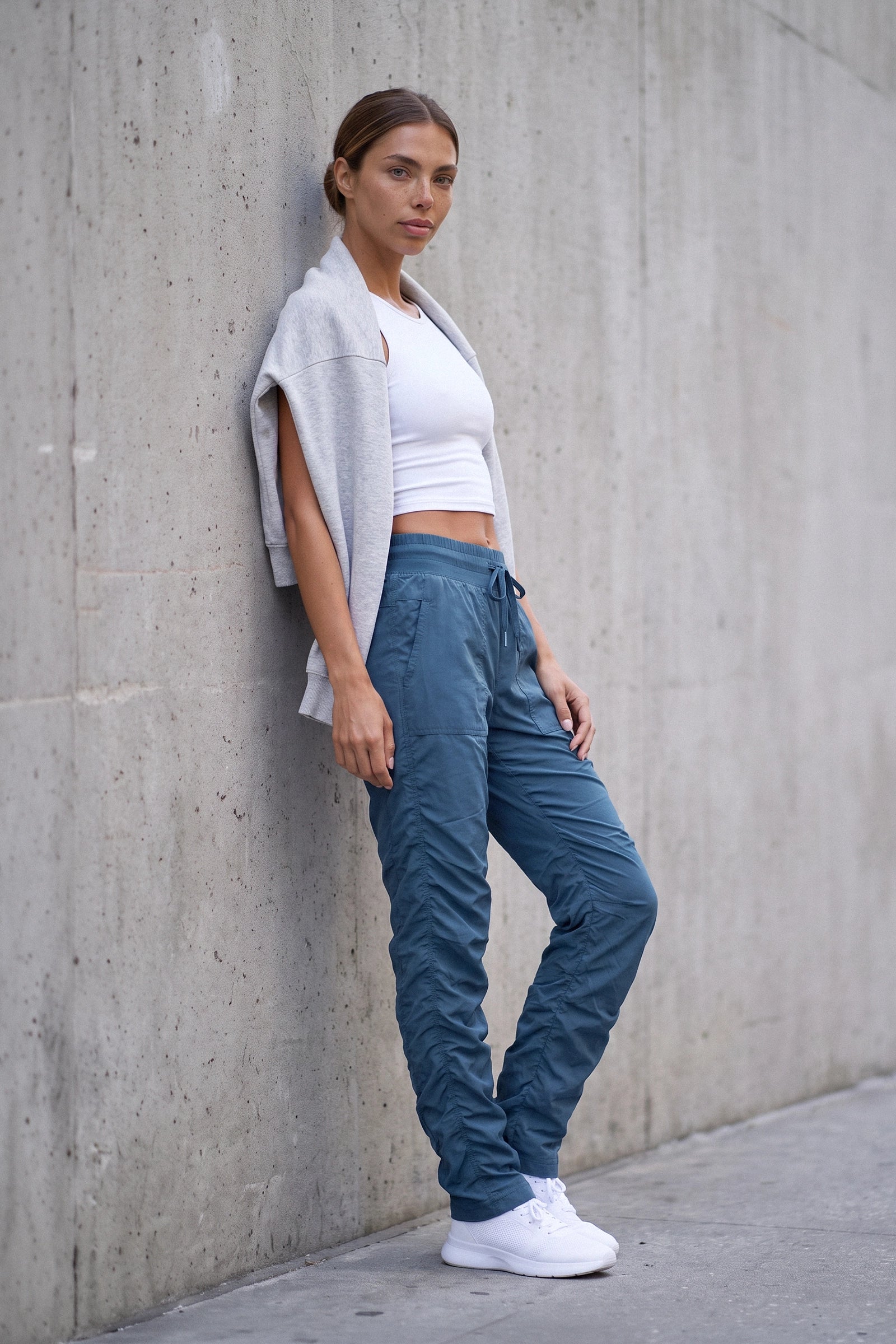 Women’s Key Largo Adventurous Pant, full-body studio view showing the relaxed fit, drawstring waist and gathered cuffs.